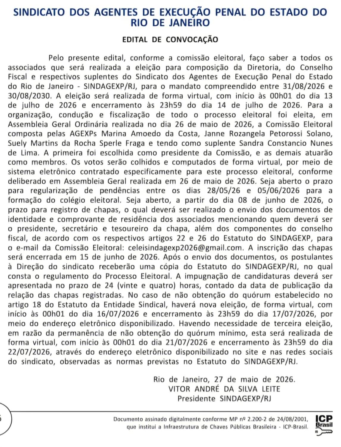 Eleições Sindagexp No Diário Oficial