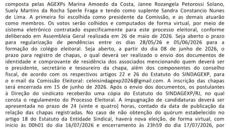 Eleições Sindagexp No Diário Oficial